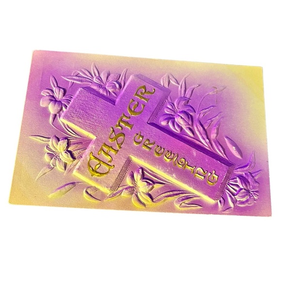 Antique 1910s Easter Greetings Postcard Embossed Airbrushed Purple Cross Lilies - Picture 1 of 10